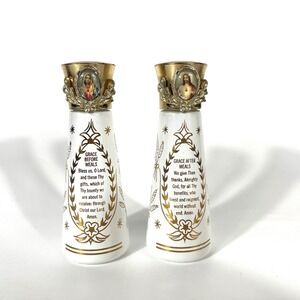 Vtg Jesus & Mary "Grace Before & After Meals" Salt & Pepper Shakers Milk Glass